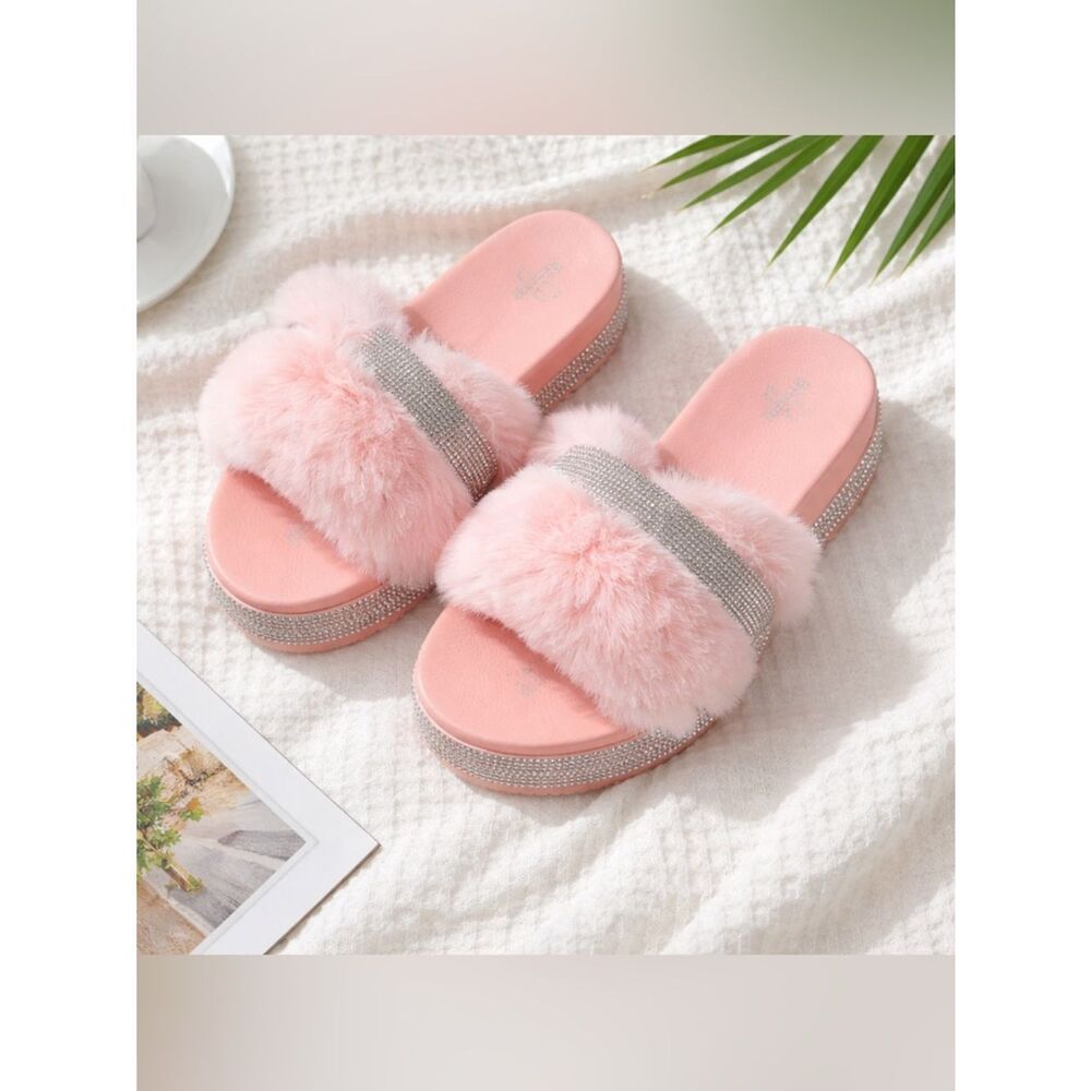 ID REQUIRED pink, furry silver rhinestone Chunky platform slip on slides size 7